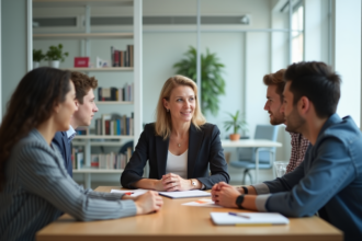 Femme d'âge moyen en réunion avec jeunes adultes