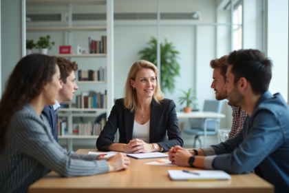 Femme d'âge moyen en réunion avec jeunes adultes
