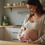 Femme enceinte assise à la cuisine avec ventre rond