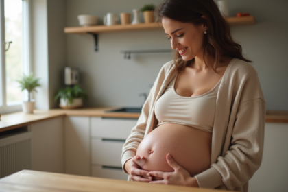 Femme enceinte assise à la cuisine avec ventre rond