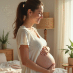 Femme enceinte souriante dans une chambre lumineuse et cosy