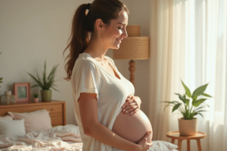 Femme enceinte souriante dans une chambre lumineuse et cosy