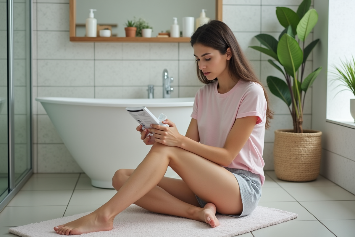 Jeune femme utilisant un epilateur sur sa cuisse dans la salle de bain
