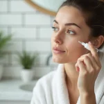 Femme appliquant une essence cosmétique hydratante sur son visage dans une salle de bain minimaliste