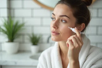 Femme appliquant une essence cosmétique hydratante sur son visage dans une salle de bain minimaliste