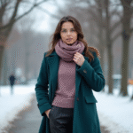 Femme élégante en manteau teal dans un parc enneige en hiver