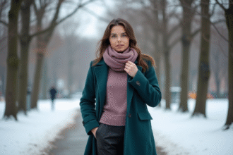 Femme élégante en manteau teal dans un parc enneige en hiver