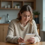 Femme en intérieur examinant un paquet avec attention