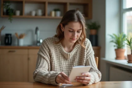 Femme en intérieur examinant un paquet avec attention
