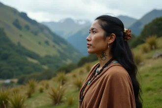 Femme maorie avec moko kauae regardant au loin dans la nature