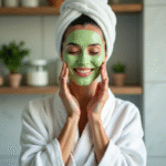 Femme appliquant un masque de concombre visage en salle de bain