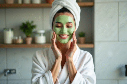 Femme appliquant un masque de concombre visage en salle de bain