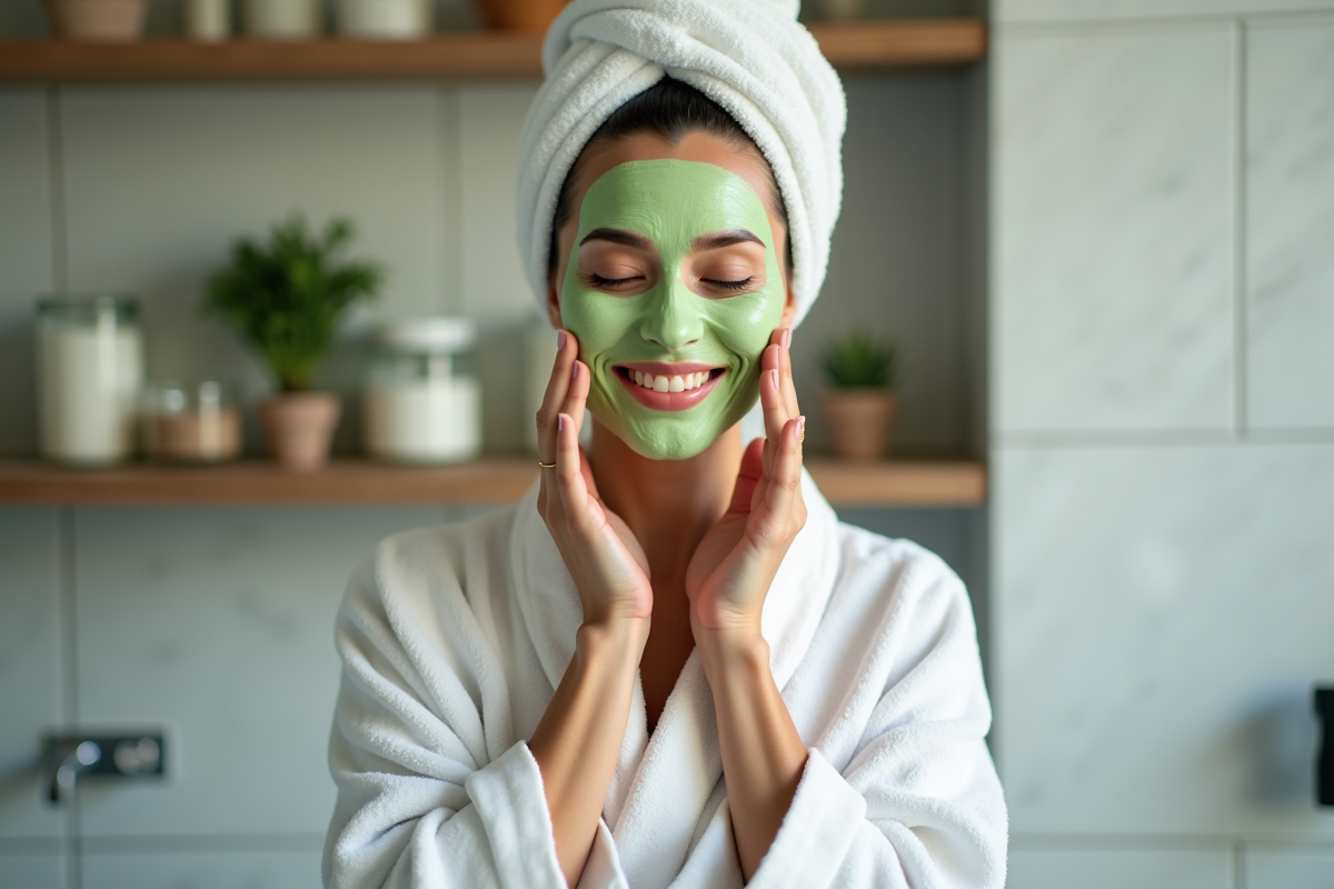 Femme appliquant un masque de concombre visage en salle de bain