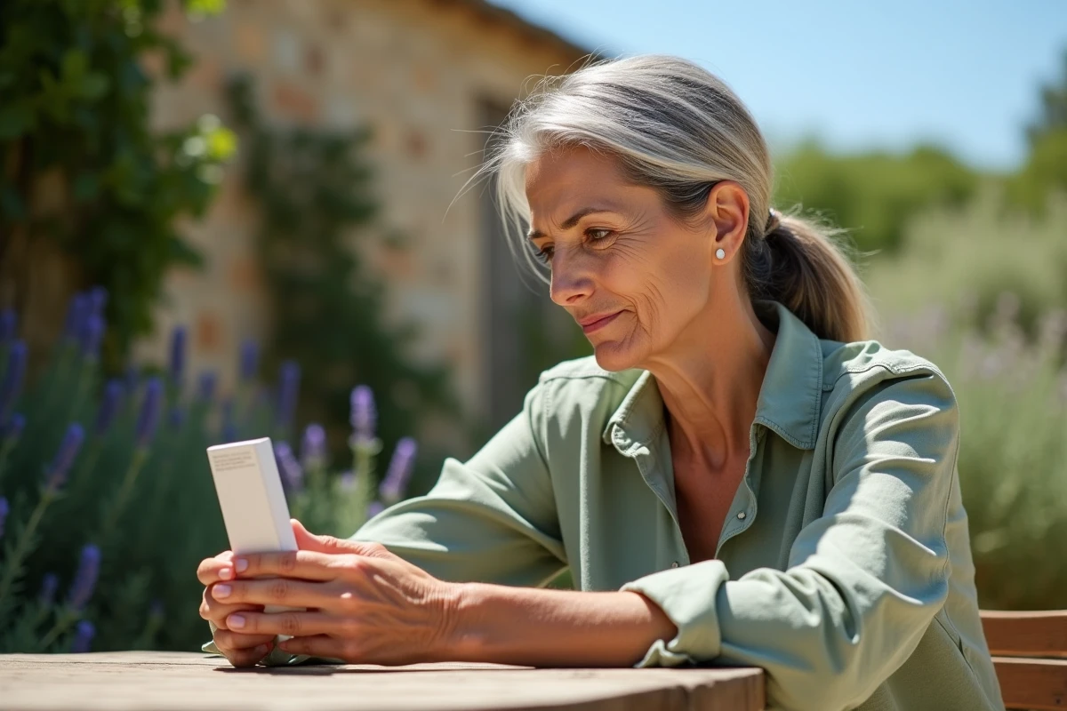 Femme mature lisant les ingrédients d'une crème anti-âge bio La Provençale dans un jardin provençal ensoleillé