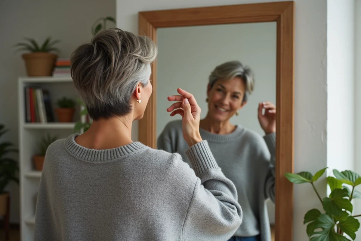 Femme en pull gris se coiffant devant un miroir