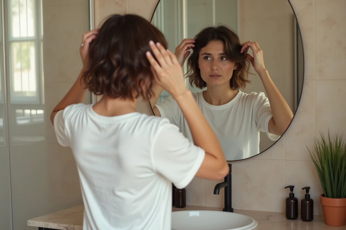 Jeune femme dans sa salle de bain évaluant sa coupe courte réversible devant un miroir rond