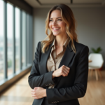 Femme élégante en blazer ajusté et blouse en intérieur