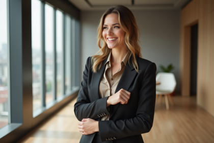 Femme élégante en blazer ajusté et blouse en intérieur