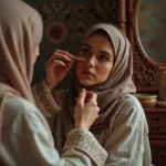 Femme nord-africaine appliquant du khol au regard