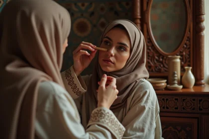 Femme nord-africaine appliquant du khol au regard