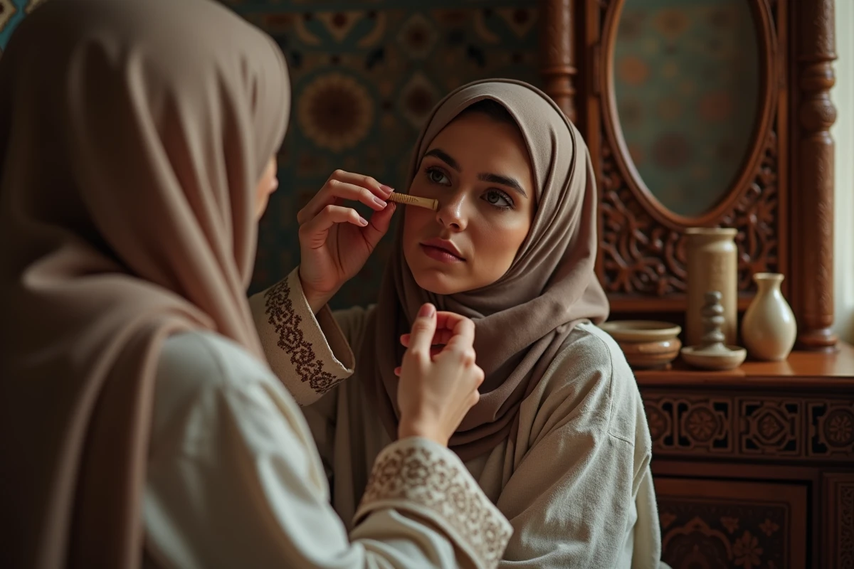 Femme nord-africaine appliquant du khol au regard