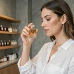 Femme inspectant un flacon de parfum fargance dans une boutique de beauté minimaliste