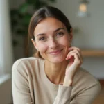Femme souriante en intérieur avec peau saine et naturelle