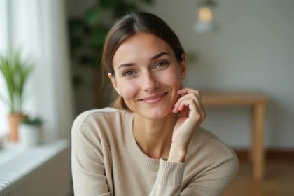 Femme souriante en intérieur avec peau saine et naturelle