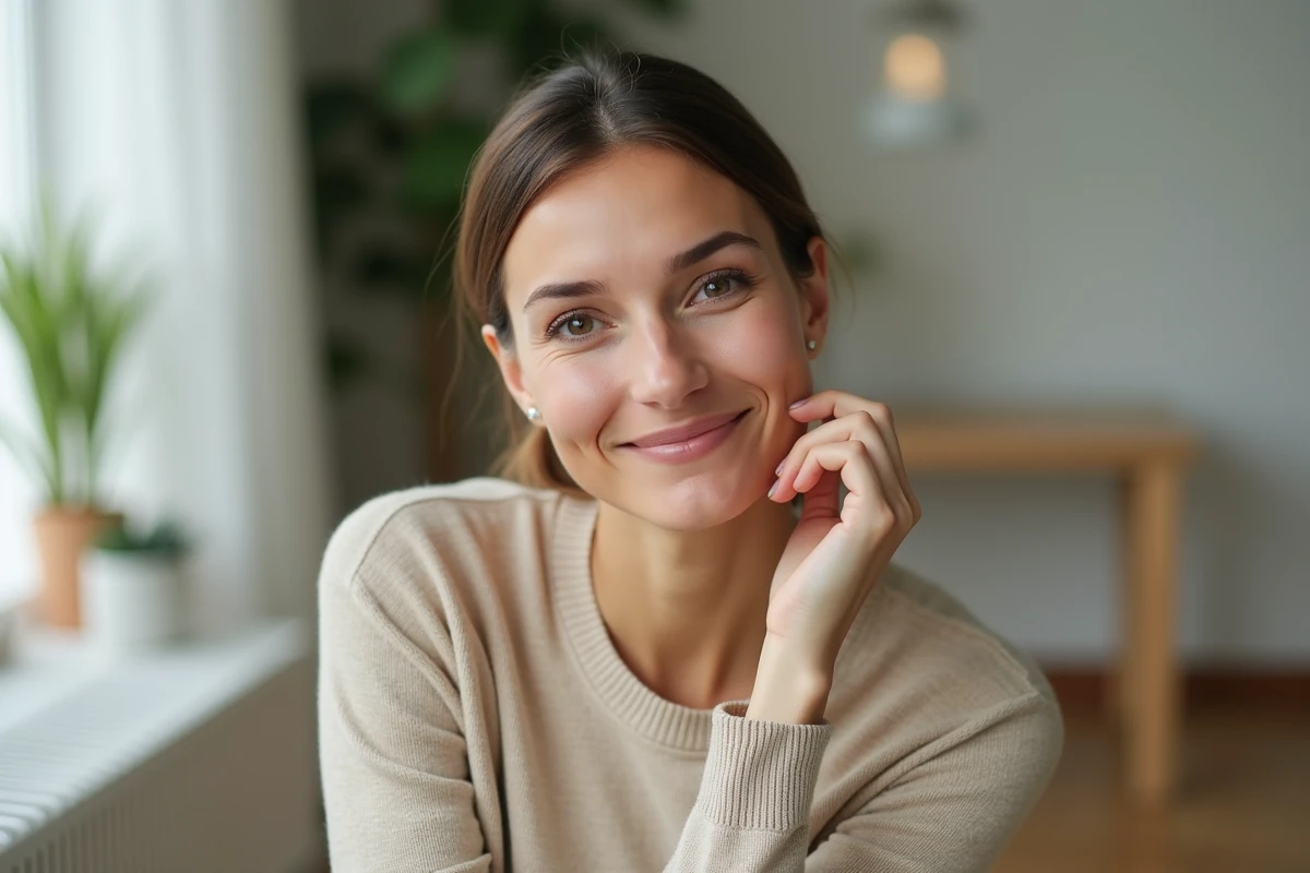 Femme souriante en intérieur avec peau saine et naturelle