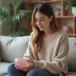 Femme tenant une pierre de quartz rose dans un salon apaisant