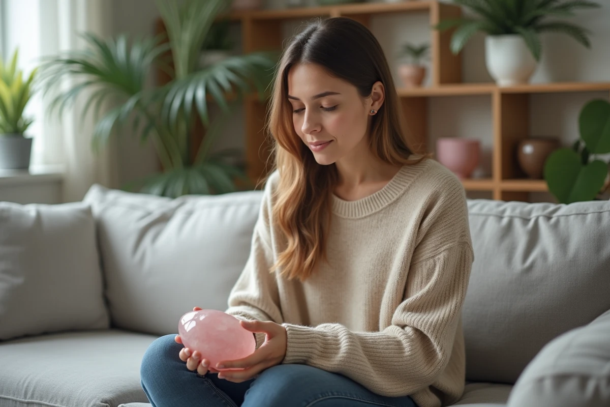 Femme tenant une pierre de quartz rose dans un salon apaisant