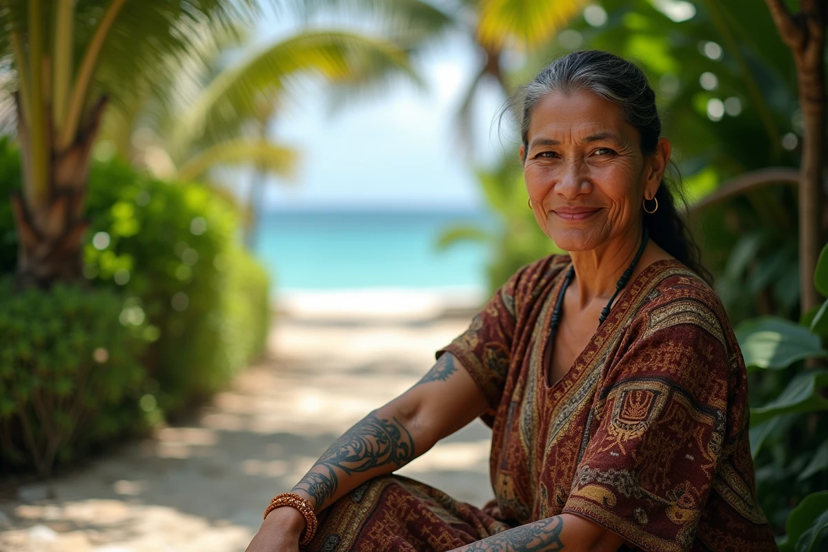 Femme polynesienne âgée montrant ses tatouages traditionnels