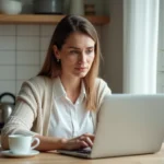 Femme d'âge moyen consulte des avis en ligne à la maison