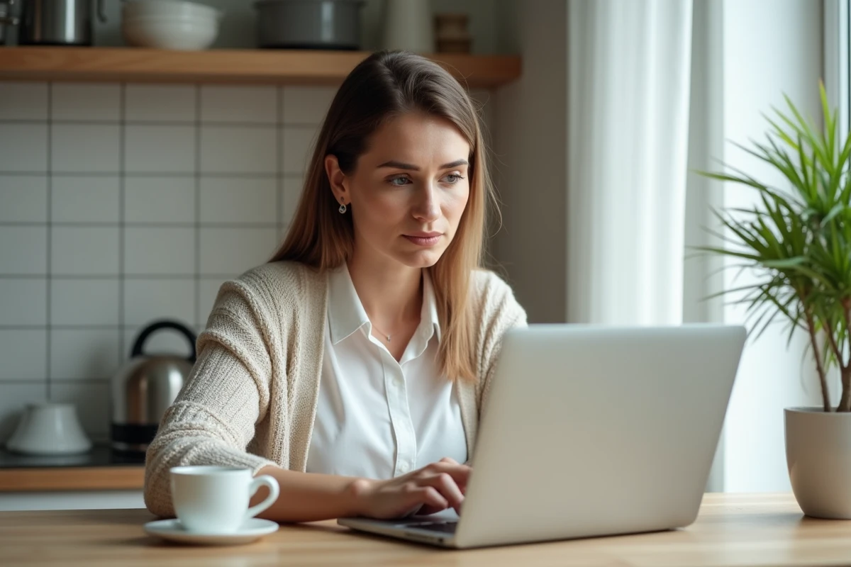 Femme d'âge moyen consulte des avis en ligne à la maison