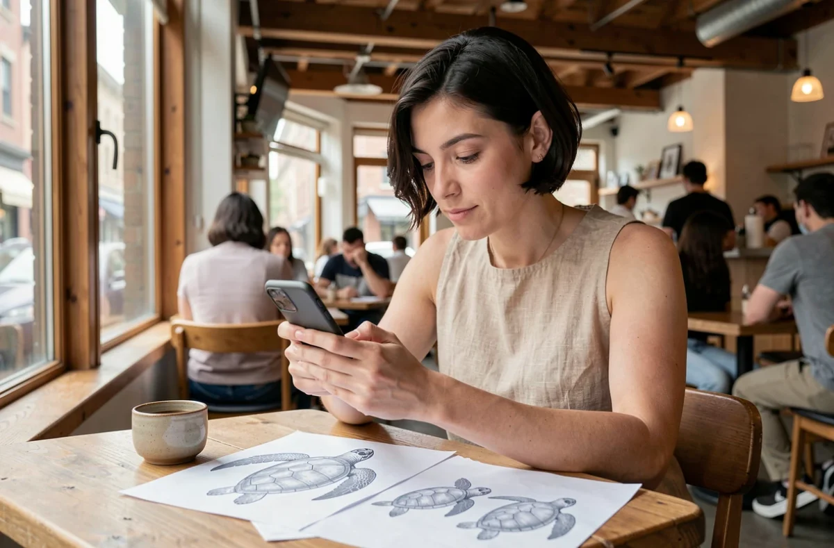 Femme consultant des références de tatouage tortue sur smartphone et sur papier dans un café