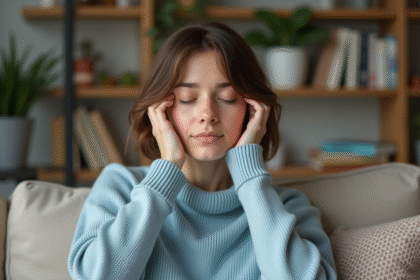 Femme en détente pressant la nuque dans un salon calme
