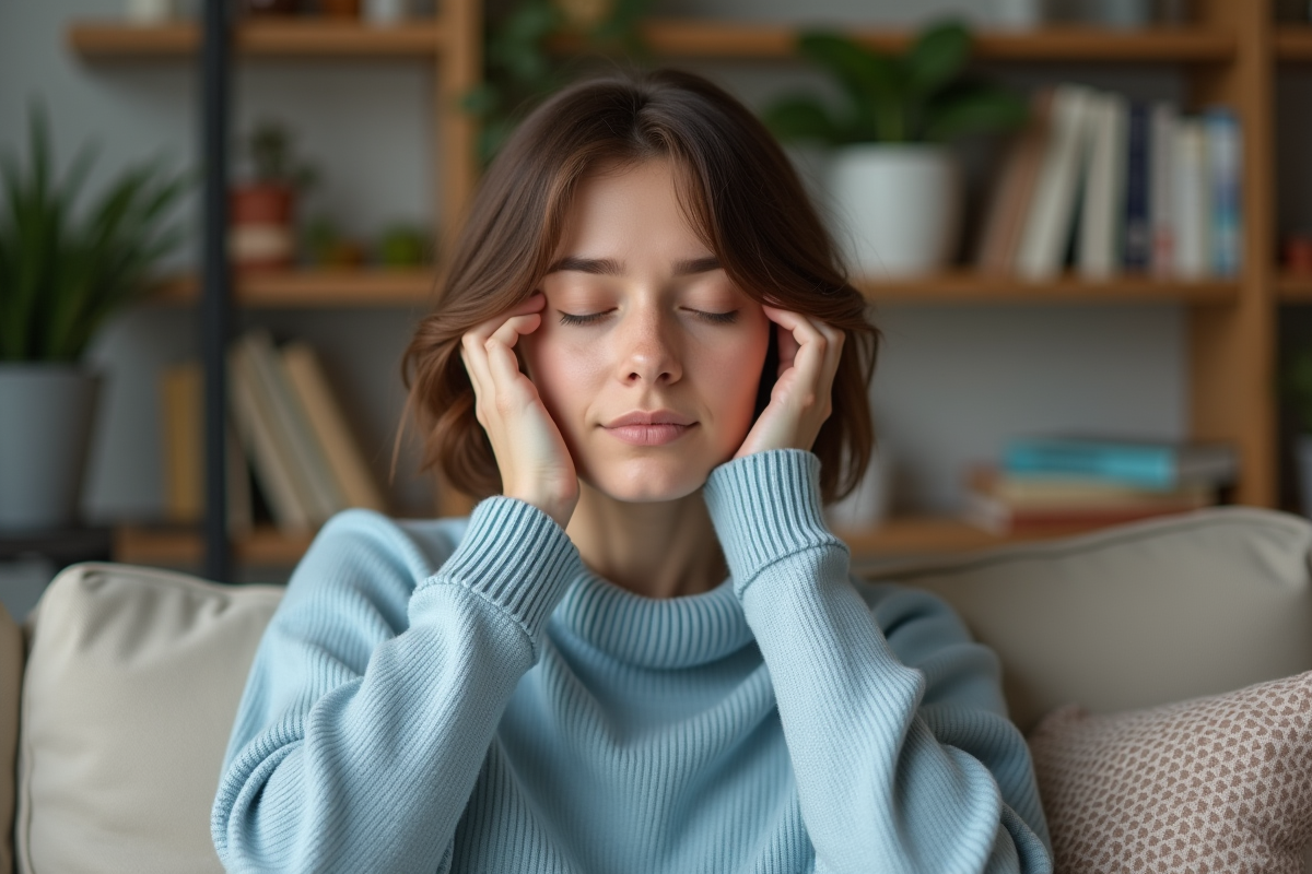 Femme en détente pressant la nuque dans un salon calme