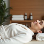 Femme détendue dans un spa avec serviette blanche