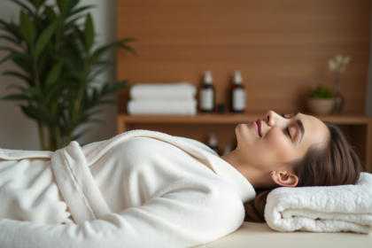Femme détendue dans un spa avec serviette blanche