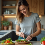 Femme en cuisine préparant une salade colorée