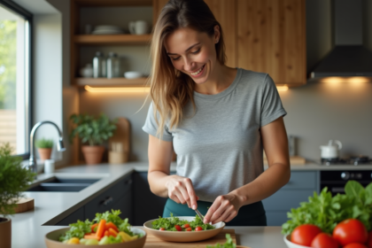 Femme en cuisine préparant une salade colorée