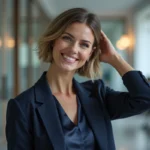 Femme en blazer navy dans un bureau moderne