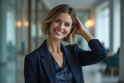 Femme en blazer navy dans un bureau moderne