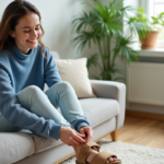 Femme souriante en salon mettant des sandales confortables