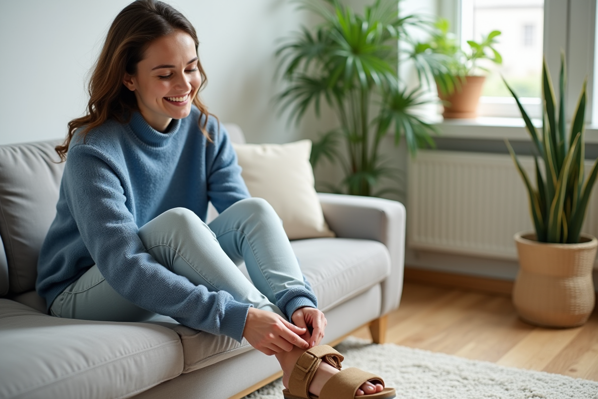 Femme souriante en salon mettant des sandales confortables