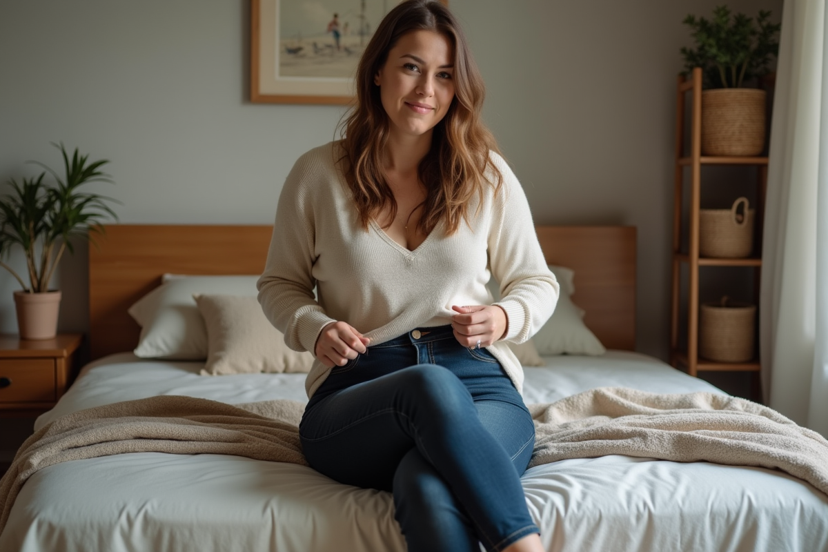 Femme assise dans sa chambre en jeans foncés