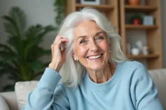 Femme senior souriante avec cheveux blancs naturels