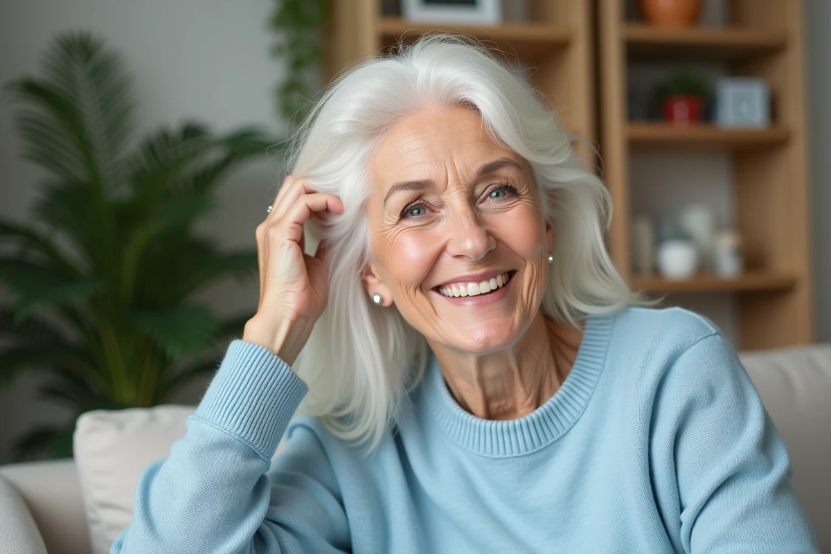 Femme senior souriante avec cheveux blancs naturels