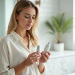 Femme dans la quarantaine inspectant un sérum anti-âge alternative à Filorga dans une salle de bain moderne
