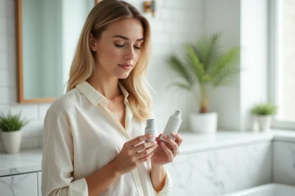 Femme dans la quarantaine inspectant un sérum anti-âge alternative à Filorga dans une salle de bain moderne